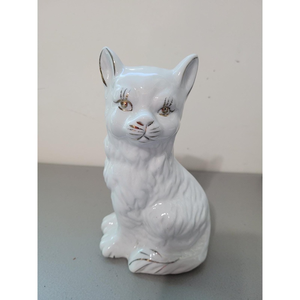 Vintage MCM Ceramic Cat Figurine 7" Atlantic Mold Gold Trim Hand Painted Decor